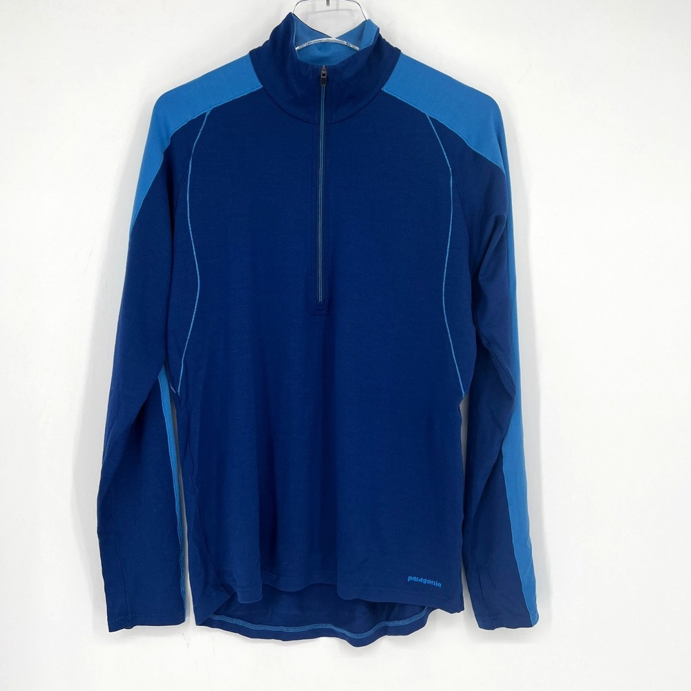 Patagonia Base Layer Mens‎ M Blue Mock Neck Wool Quarter Zip Hiking Workout Camp